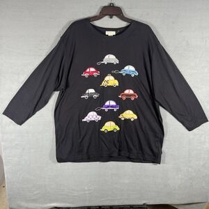 VTG The Avenue Womens Plus Size 18/20 Black Car Embroidered 3/4 Sleeve Top Shirt